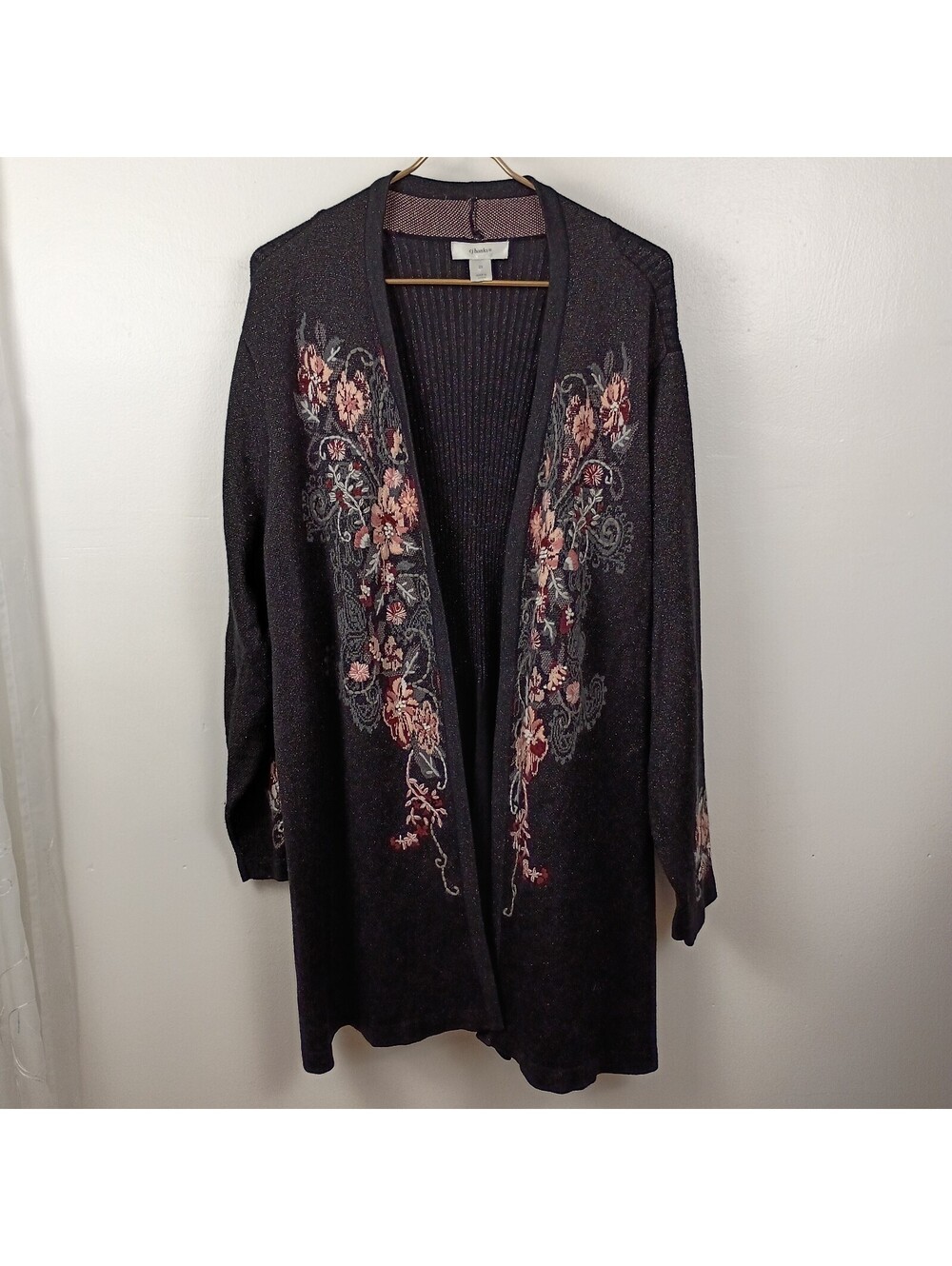 Christopher & Banks Women's Long Sweater Cardigan Open Front Embroidered 2X